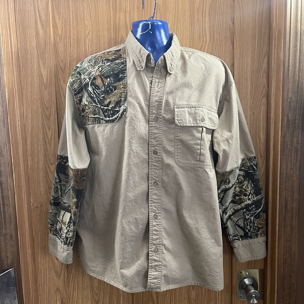 Cabela's Shirt Men's L Brown Camo Padded Hunting‎ Shooting Long Sleeve